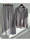 Linen Shirts Wide Leg Elastic Waist Pants Women Casual Sets Elegant Loose Long Sleeve Lapel 2023 Autumn Shirt Y2k Suit-Outfit