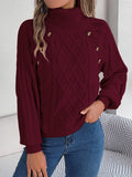 2025 Casual Solid Color Button Stung High-Collar Lantern Sleeve Sweater Women's