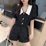 Fahsion Shorts Set Women 2023 New Summer Pearl Buttons Lapel Puff Sleeve Short Shirt And Wide Leg Shorts Two-Piece