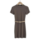 Trendy Women's Dress With High Round Neck And Short Sleeves And A Dress That Is Stylish, Tight And Thin With A Belt And Hip Skirt-Outfit