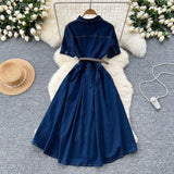 Version Of Fashion Casual Denim Dress Women Retro Collar Short Sleeve Single Buckle Waist Swing Shirt Long