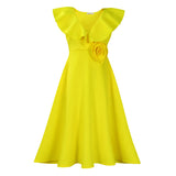 Women's V-Necked Leaf-Side Three-Dimensional Flower Dress Evening Dress Party