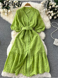 Korean Chic Elegant Pink V-neck Stitching Lace Hook Flower Waist Thin Bubble Sleeve Female Dress 2022 Summer