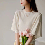 Toloer Wan Feminine Taste Splicing Flounce Sleeve Comfortable Round Collar Knitting Five Minutes Sleeve Jacket Female-Outfit