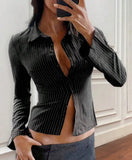 Striped Casual Open-Shirt Button Long-Sleeved