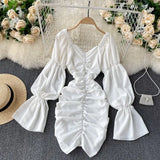Elegant Solid Dress Women Ruched V Neck Flare Sleeve Slim Dresses Autumn Korean Fashion Streetwear Short