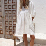 Toloer Spot 2024 Summer New Women Fashion Loose V-Neck Bubble Sleeve Cotton Linen Dress-Outfit
