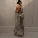 Party Party Spicy Girls Dress Long Dress Metal-Coated Sexy Back Halter Dress-Outfit