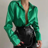 Vintage Korean Silk Shirts Satin Long Sleeve Blouses Women Blue Green Casual Loose Button Up Female Shirts Women Tops