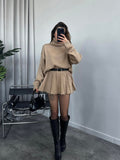 Solid Color Round Collar Loose Blouse Simple Dress Set In Autumn