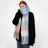 Women's Winter Warm Pink Plaid Fringe Rainbow Scarf Imitation Cashmere Wool Warm Long Scarf Shawl