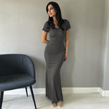 Toloer Summer New Women's Solid Color Temperament U Collar Short Sleeve Slim Long Dress