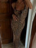 Women's Leopard Printed Maxi Dress Elegant Spaghetti Strap Backless Lace-up Robe Skinny Retro Dresses Vestidos New 2024-Outfit