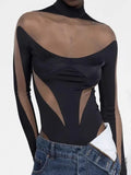 Hottie Style 2025 Autumn New Fashion Mesh Perspective Splicing Long-Sleeved Jumpsuit Pantyhose Female