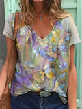Flower Print T-Shirts Casual 3D Painting Graphic Tops Fashion Short Sleeve Y2K V Neck Female Tees Tshirts Plus Size