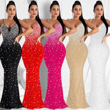 Fashion Women's Diamond Nightclub Sexy Sling Sleeveless Long Skirt Dress-Outfit