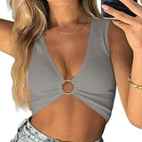 New Waist V-Neck Multi-Color Sexy Hoop Buckle Chest Circle Small Vest Top-Outfit