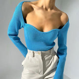 Long Sleeve Sweater 2021 Autumn Women Knit Ribbed Top Ladies Casual Knitted Tops Pullover Off-Shoulder Knitwear