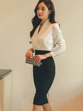 Han Queen Hot sale Autumn Black White Stitching Office Sheath Bodycon Pencil Dress High Waist Chic Party Women's Dresses-Outfit