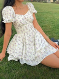 Floral Print Corset Slim Mini Dress with Puff
