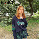 Bold Shade Indie Aesthetic Letter Print Patchwork Sweater Y2K 90s Style Women V-neck Loose Knitwear Streetwear Fashion