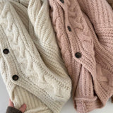 Solid V Neck Puff Sleeve Cable Knit Cardigan-Outfit