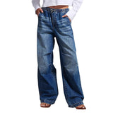 Spring New Clothes Mid-Legged Broad-Legged Lassy Jeans Women Street Retro Straight Pants