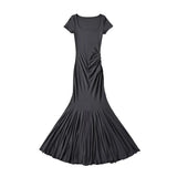 Trendy Women's Dress Small Man Step By Step Lotus Short-Sleeved Dress Square Collar Retro Slim Temperament Fish Tail Long Skirt-Outfit