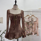 And Summer New French Style Tie Dyed Horn Long-Sleeved Lace Side Design T-Shirt