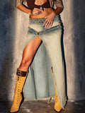 Vintage Casual Slim Split Denim Skirt Sexy Low-Waisted Maxi Skirts Women 2023 Autumn Spring Streetwear Holiday Ladies-Outfit