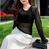 New Summer Style Thin Hollowed-Out Sweater Women's Round Collar, Long Sleeves, Loose Jackets, Fashion Blouses-Outfit