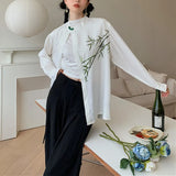 Toloer New Chinese Style Retro Oil Painting Bamboo Printing Sweet Silk Satin Long-Sleeved Versatile Shirt For Men And