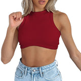 Toloer Women's New Women's Sexy Sleeveless Round Neck Rib Knit Vest Crop