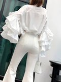 Loose Solid Shirt For Women Stand Collar Lantern Sleeve Patchwork Ruffle Single Breasted Chic Blouse Female 2023