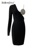 Black Sexy Cut Out Dress For Women V Neck Long Sleeve Patchwork Diamonds Asymmetrical Sheath Mini Dresses