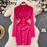 Women's Casual Turtleneck Long Sleeve Bodycon Hollow Out Buttons Mini Bandage Dress Elegant Party Street