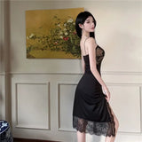Sexy Dresses Women Lace Patchwork Floral Vintage Elegant Split Sleeveless Slim Black Party Dress Ladies Temperament-Outfit