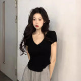 Toloer Desire Wind V Collar Short Sleeved T Shirt Female Summer 2024 New Slim Show Thin Hot Girl Short Irregular Bottom