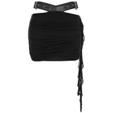 Leather Suit PU Leather Splicing Waist Tsets Hollow Folding Net Lace-Uped Ass