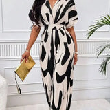 Piece Women Print V Neck Half Sleeve Loose Wide Leg Long Pants Overalls Casual Splice Romper Tight High Waist Jumpsuits-Outfit