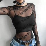 Toloer Letter Personality Print Perspective Sexy Mesh Long Sleeve T-Shirt Top Female-Outfit