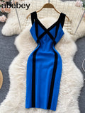 Color Striped Tight Stretchy Knit Tank Dress Elastic Slim Sheath Ladies Party Sexy Body-con Step Knit Short
