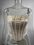 White Satin Pearl Tassel Corset Top-Outfit