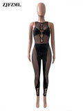 Sheer Mesh Hot Drill See Through Romper Summer Clothes for Women 2023 Sleeveless Front Hollow Party Clubwear