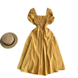 Toloer Vacation Wind French Retro Square Collar Waist Dress Female Summer Design Sense Bubble Short Sleeve Fairy