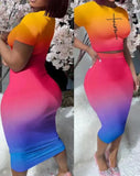 Toloer Women's Round Collar Short-Sleeved T-Shirt Wrapped Hip Skirt Print Leak Umbilical Slim Sexy