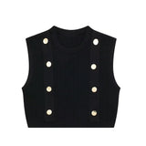 New Button Decoration Slim Short Knitted Blouse 3519200-Outfit