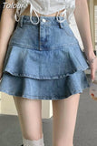 Vintage Denim Mini Skirt Ruffle Women Summer Korean Fashion Sexy High Waist Patchwork Jeans Skirt Casual