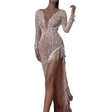 Dress Dress Tuxeds Slices Waist Deep V Long Sleeve Side Fork Sexy Asymmetric Dress