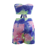 Women's Wear 2023 Summer Fashion Tie-Dye Printed Sexual Lace Shorts Suit-Outfit
